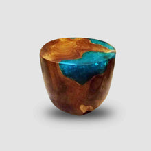 Teak Root & Cracked Resin Round Stools - Sea Blue