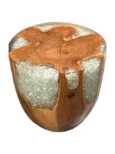 Teak Root & Cracked Resin Round Stool- Silver Grey