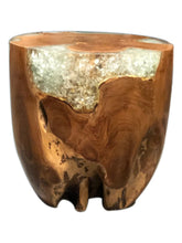 Teak Root & Cracked Resin Round Stool- Silver Grey