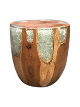 Teak Root & Cracked Resin Round Stool- Silver Grey