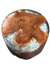 Teak Root & Cracked Resin Round Stool- Silver Grey