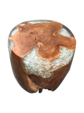 Teak Root & Cracked Resin Round Stool- Silver Grey