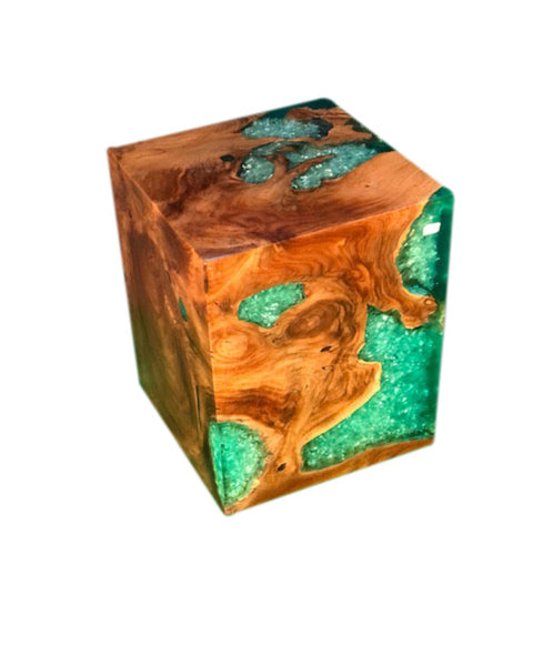 Sea Blue Cracked Resin & Teak Stool