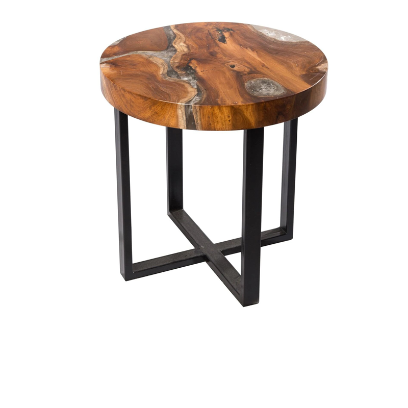 Round Teak & Resin Infused Accent Side Table Brown/Ochre/White by Aire