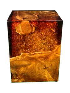Fire Within Cracked Resin & Teak Stool- Red Gold & Brown